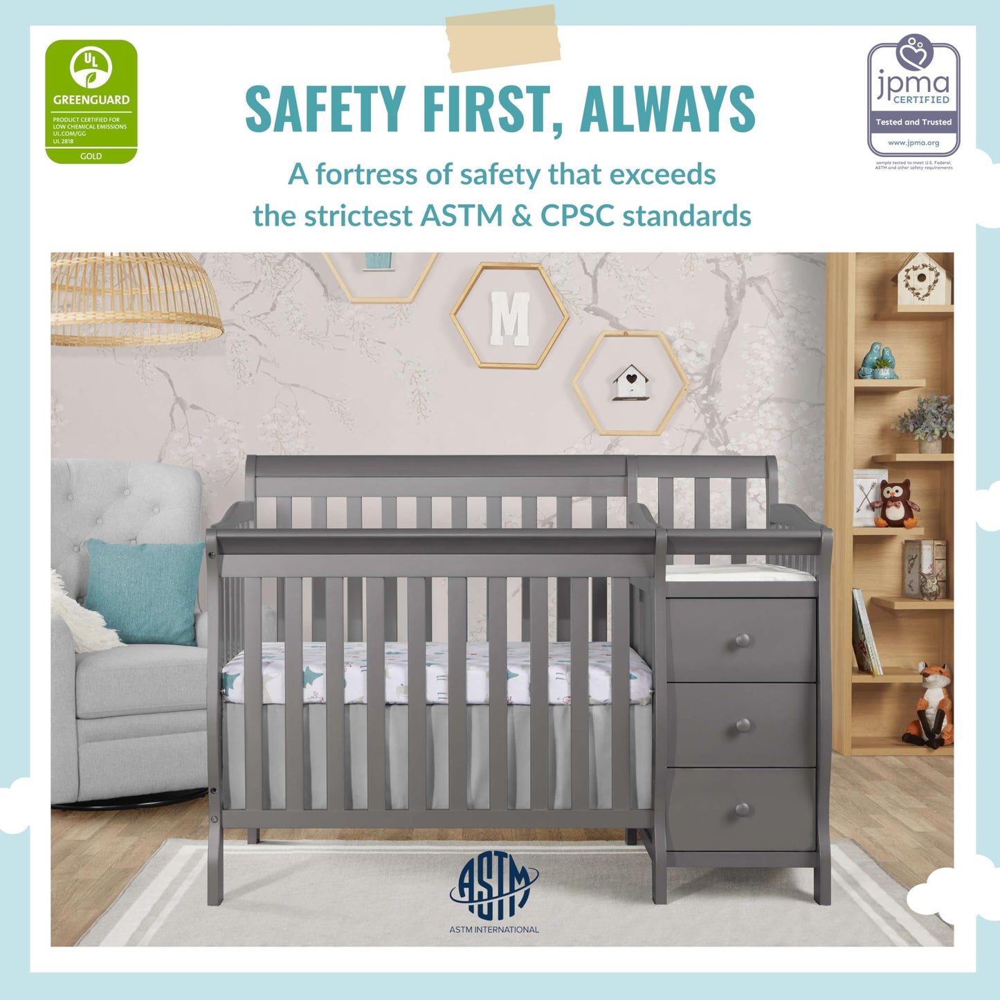 Dream On Me Jayden 4‑in‑1 Mini Convertible Baby Crib & Changer with Storage, Steel Grey, Pinewood, GreenGuard Gold & JPMA, 1” Mattress Pad, 3 Mattress Heights, Converts to Mini Day & Twin-Size Bed