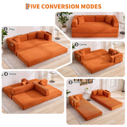 IDEALHOUSE Convertible Sofa Bed 5-in-1, 78.8 Inch Folding Futon Couch with Pull Out Bed, Corduroy Upholstered No-Assembly Loveseat Sleeper for Living Room, Bedroom, Lounge, Orange
