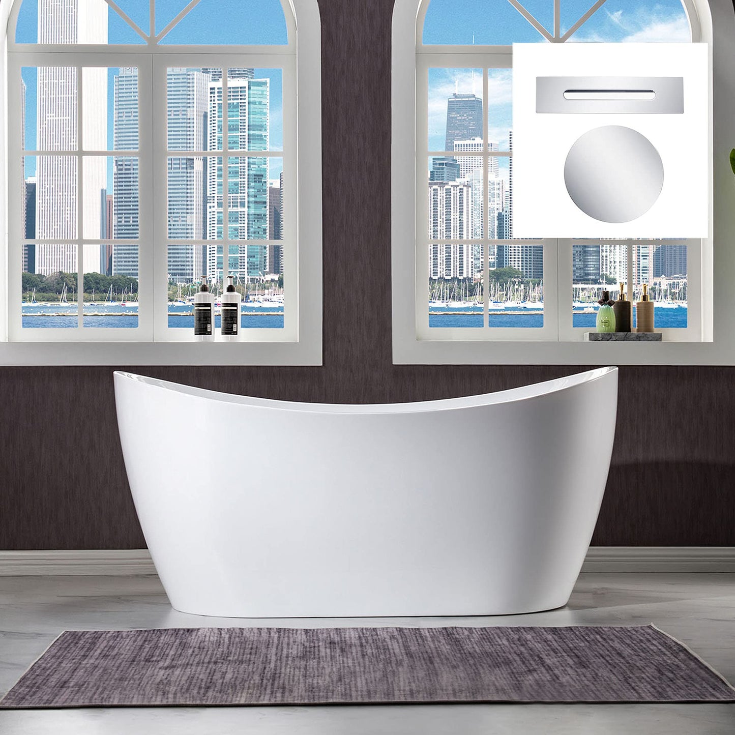 WOODBRIDGE B0016 C 59" Freestanding Bathtub Contemporary Soaking Tub, White Acrylic Drain/Overflow, B-0016 Chrome+ Pillow