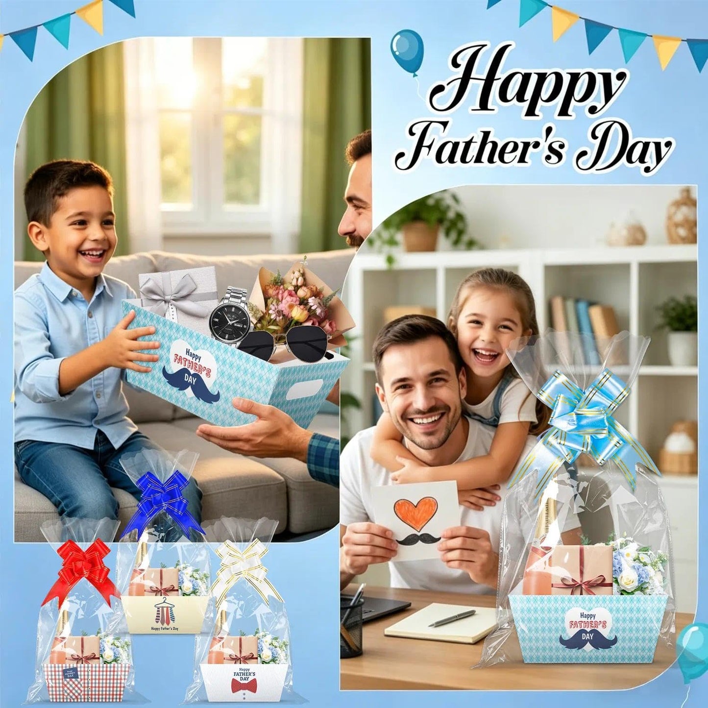 ysmile 12 Pack Fathers Day Empty Gift Basket Kit with Cellophane Bag Ribbon Bow DIY Gifts to Fill in Bulk for Dad, Grandpa, Husband