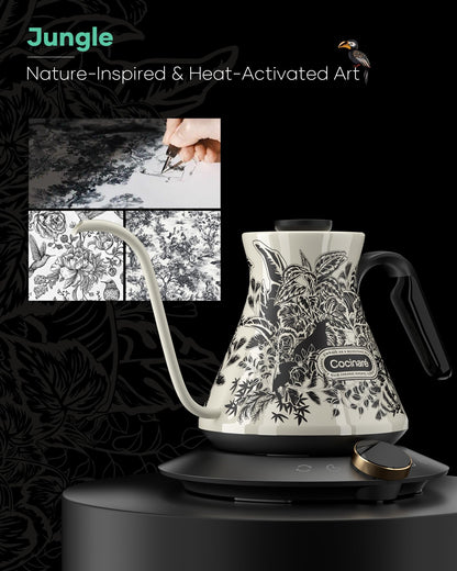 Cocinare Gooseneck Electric Kettle, ±0.5°F Precise Temperature Control, 1500W Fast Heating, Pour-Over Coffee & Tea, Stainless Steel, 0.6L (Color-changing Jungle Design)