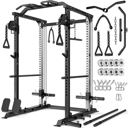 GOIMU DP01 Power Cage, 2000LBS Squat Rack with with Cable Crossover and Dual Independent Pulley System, Full Cage for Full Body Training, Power Rack with More Training Attachments for Home Gym(BK-Pro)
