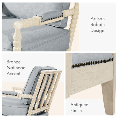 Madison Park Accent Chairs for Living Room Farmhouse Modern Armchair, Solid Wood, Antiqued Finish, Upholstered Seat Removable, Bedroom Lounge for Reading, 25.5" W, Light Blue/Antique Cream