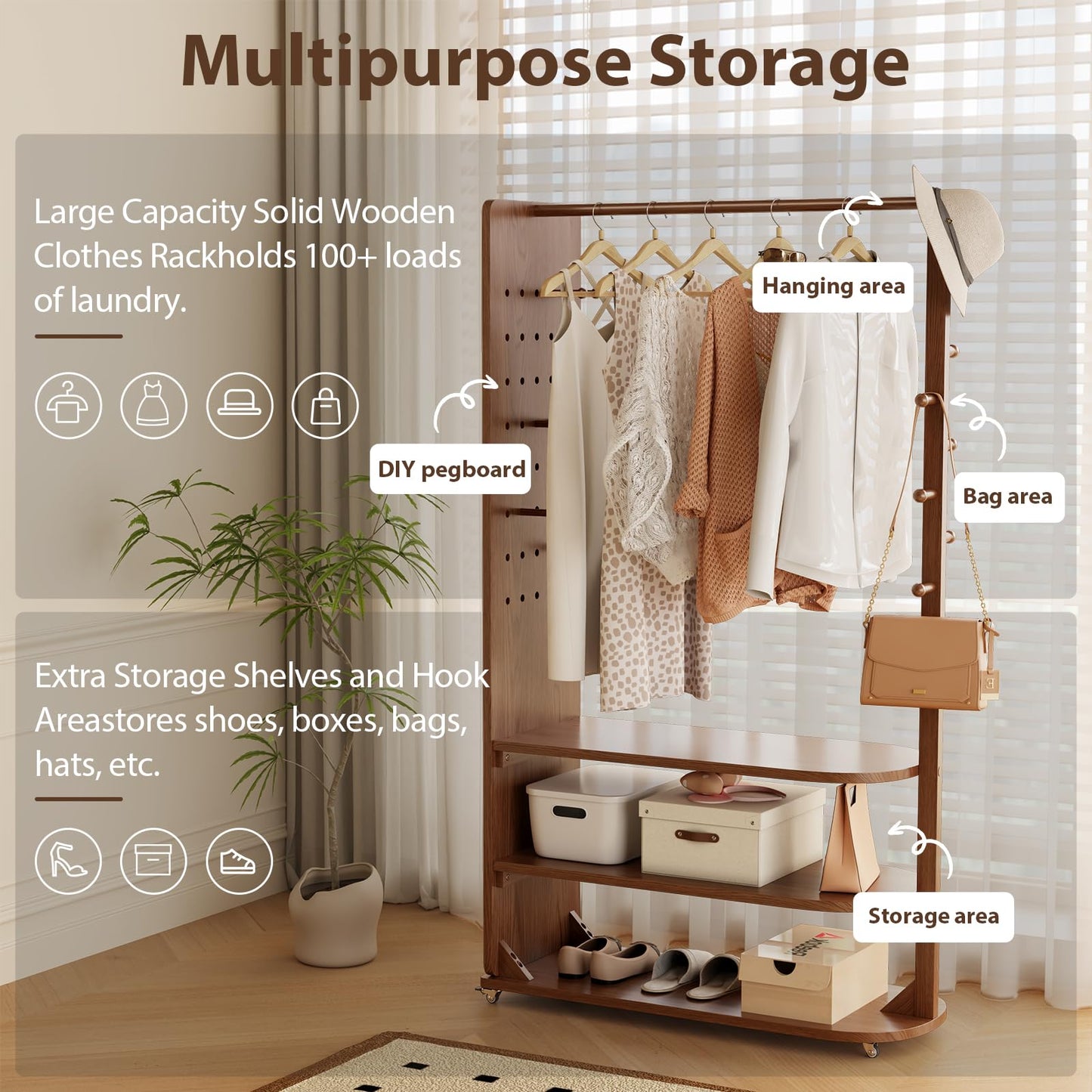 DONGMUWUJEE Solid Wood Full Length Mirror Clothes Rack,70" x 40" x 16" Oversize Standing Mirror Full Length with Brake Wheels, Floor Mirror for Living Room, Entryway, Bedroom (Walnut)
