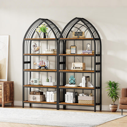 Tribesigns 5-Tier Bookshelf, 74.8-Inch Tall Bookshelf, Industrial Curved Freestanding Display Shelf, Wood Storage Shelves with Metal Frame for Home Office (2, Rustic Brown & Black)