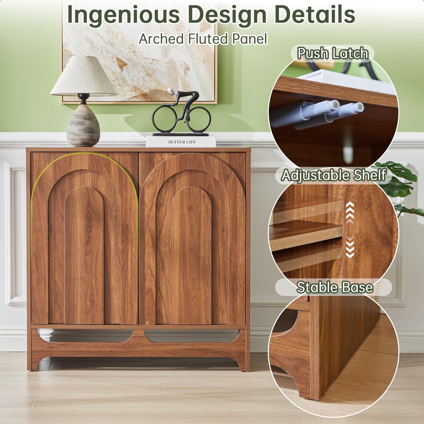 Bifins Modern Buffet Cabinet with Storage, 94.5" W Fluted Arched Sideboard Cabinet with Adjustable Shelves & Doors, Wooden Coffee Bar Storage Station for Dining Room, Kitchen, Living Room, Entryway