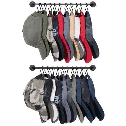 Mkono Hat Rack for Wall Baseball Cap Organizer Hanger with 20 Hooks Modern Metal Hat Holder Wall-Mounted Caps Display for Closet Door Bedroom Entryroom Laundry, Set of 2 Black