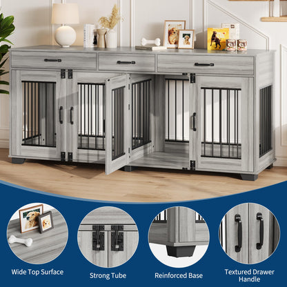 Garvee 71 Inch Large Dog Crate Furniture for 2 Dogs, Wooden Double Dog Crate Large Breed with Door, Dog Kennel Indoor, TV Stand End Table with Divider for Large Medium Dogs,Grey