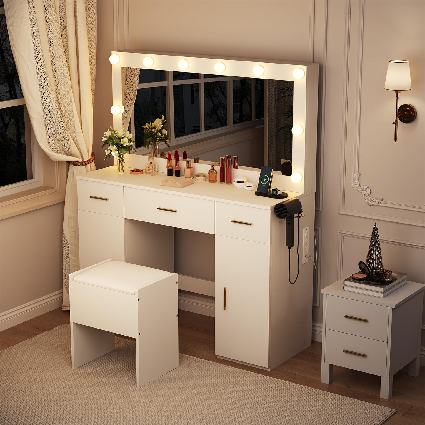 IDEALHOUSE Makeup Vanity Desk with Mirror and Lights, Modern White Vanity Table with Drawers, Charging Station & Storage Stool, Wood Make Up Vanity Set for Bedroom Apartment