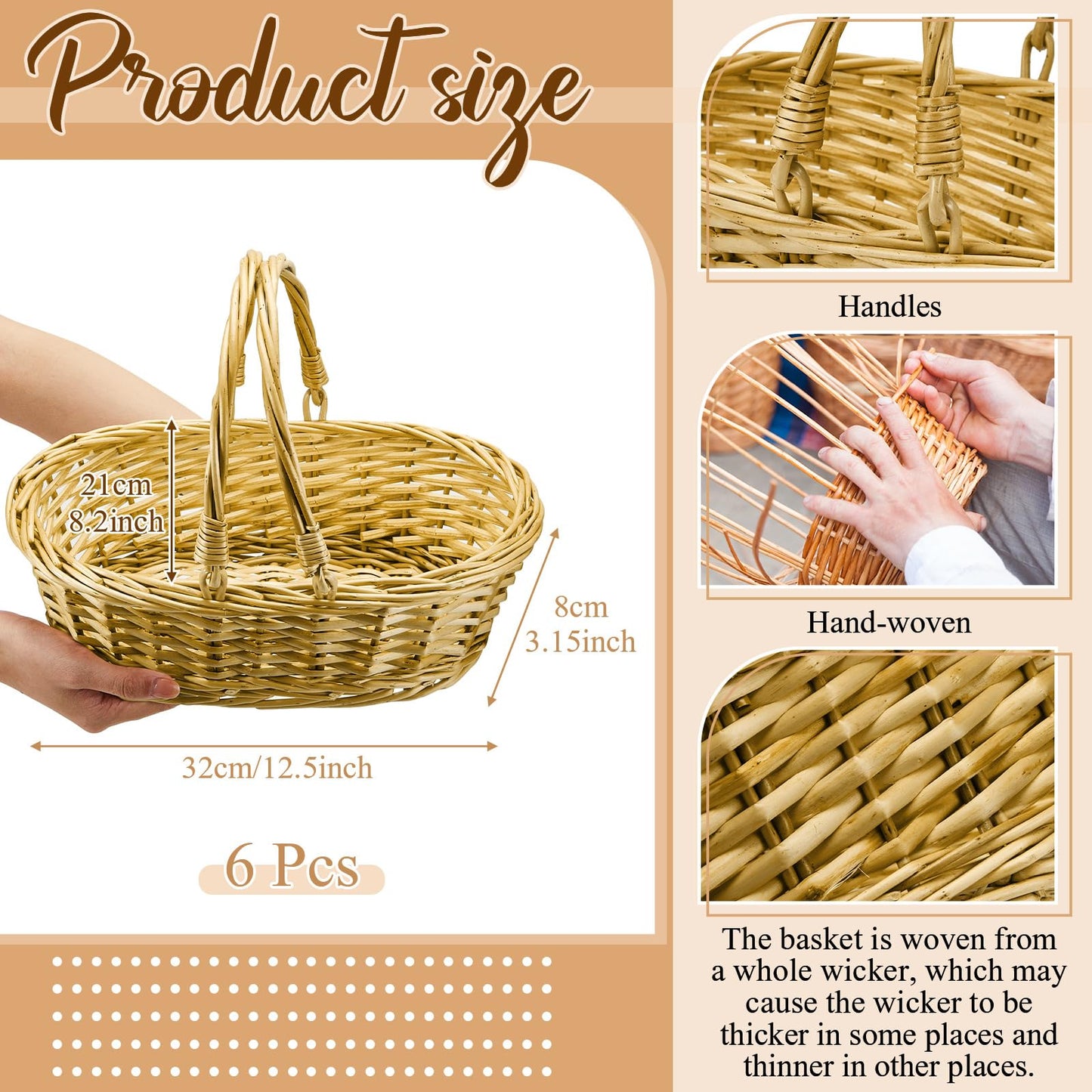 Sintuff 6 Pcs Small Wicker Picnic Basket with Handle 12.6 x 8.27 x 3.15 Inches Oval Willow Woven Braided Gifts Basket for Fruit Bread Snack Garden Wedding Harvest Gathering Party Storage Decor