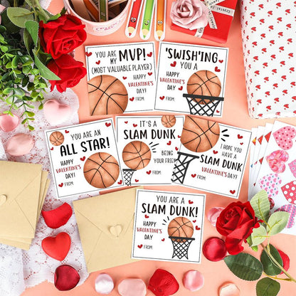 Hedeey 48 Pack Valentines Day Cards for Kids Classroom Basketball Valentine's Day Exchange Greeting Cards with Envelopes and Heart Stickers for Kids Classroom School Party Favors 4.3 * 4.3 inch