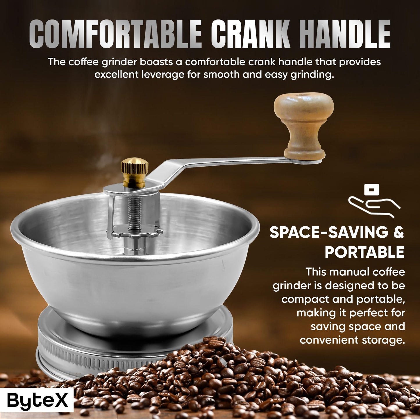 Stainless Steel Coffee Grinder Lid Attachment for Regular Mouth Mason Jars - Manual Crank Burr Grinder for Fresh Coffee, Ideal for Camping, Home Barista, Rust Proof Ceramic Mechanism (Wide)
