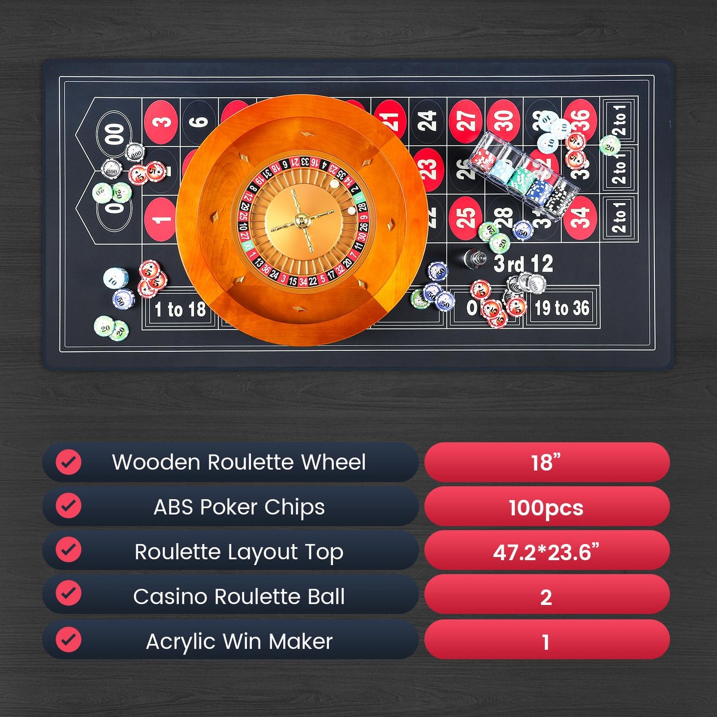 Proshine 18" Wooden Roulette Wheel Set with 47.2 * 23.6” Roulette Tablecloth 100pcs Poker Chips Roulette Win Marker Dual Balls Casino Game Sets Smooth Rotation Roulette Wheel for Family & Party Fun