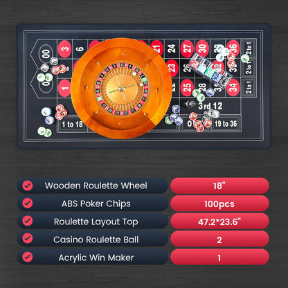 Proshine 18" Wooden Roulette Wheel Set with 47.2 * 23.6” Roulette Tablecloth 100pcs Poker Chips Roulette Win Marker Dual Balls Casino Game Sets Smooth Rotation Roulette Wheel for Family & Party Fun