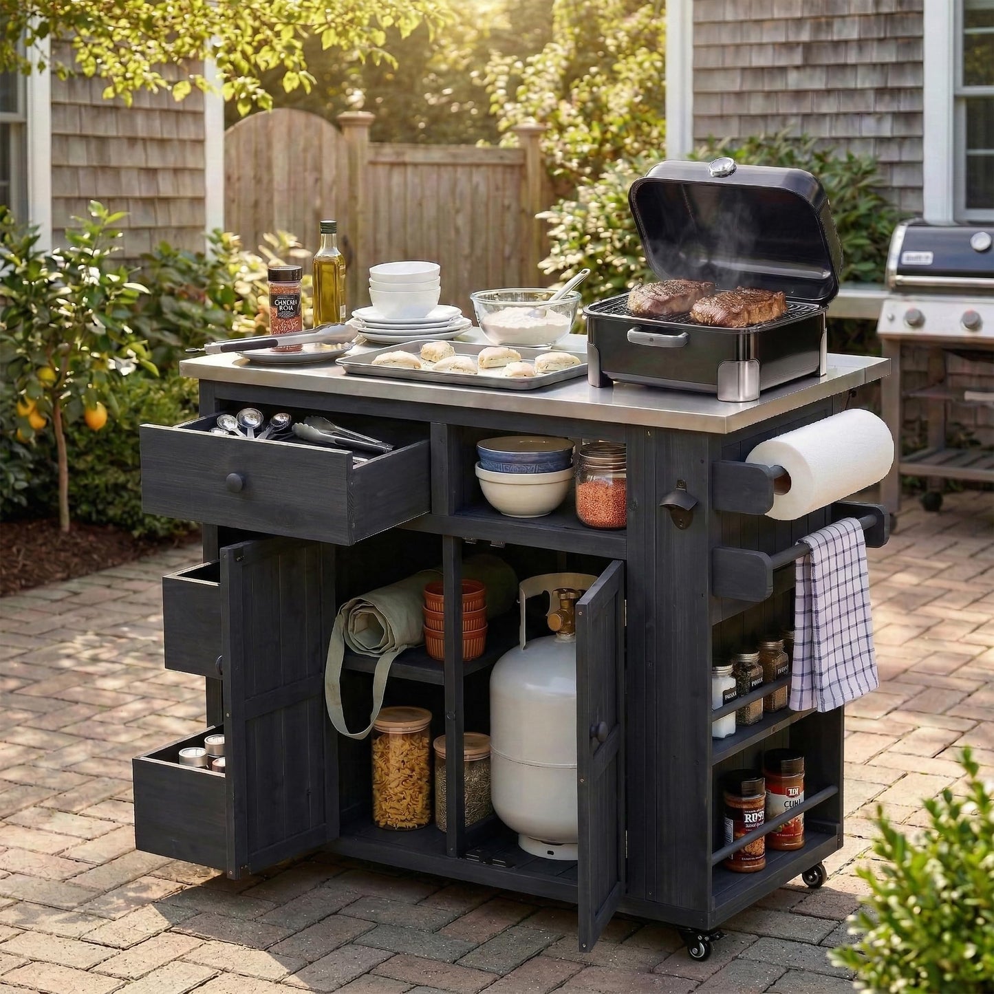 Merax Outdoor Extendable Kitchen Island with Storage, Stainless Steel Top Grill Table with Side Spice Rack, Solid Wood Kitchen Cart with Drawers and Storage Cabinet for Backyard, BBQ, Party
