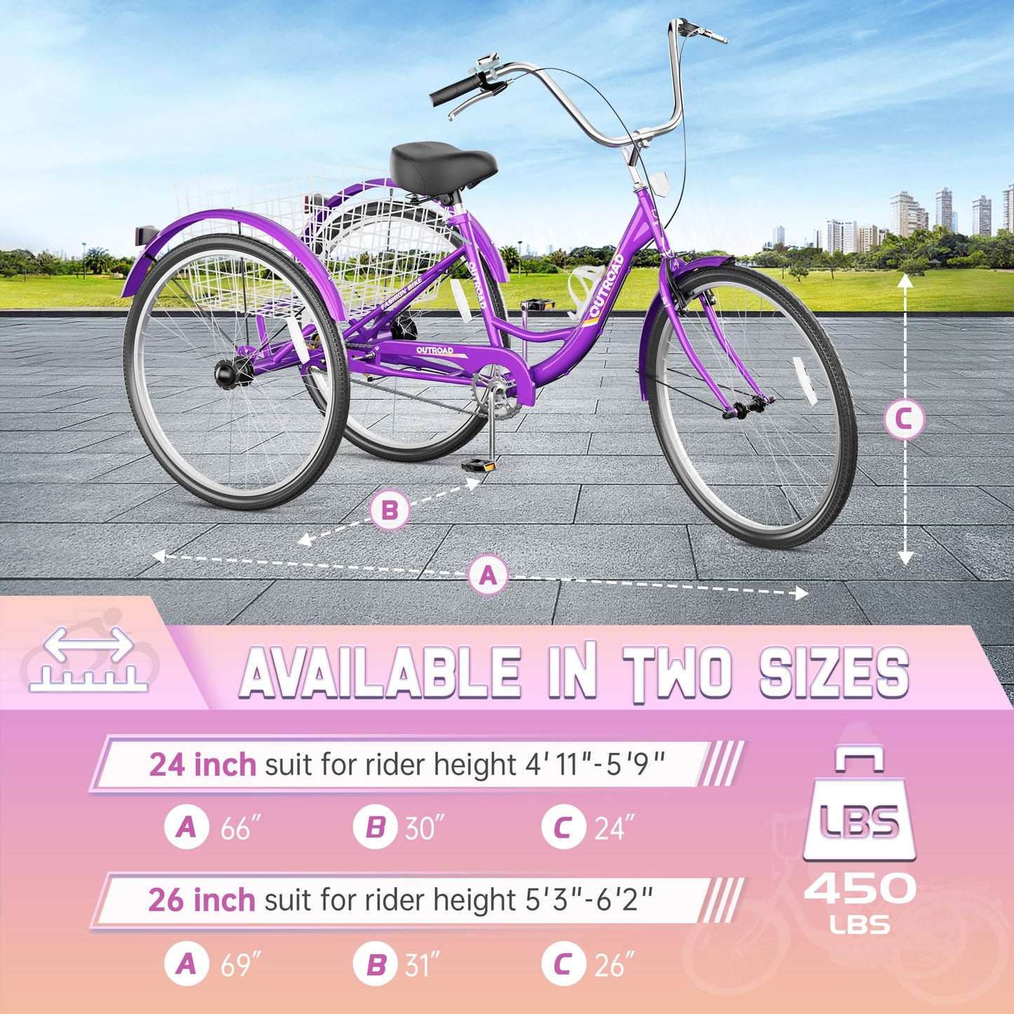 MarKnig 1 Speed Adult Tricycle, 3 Wheel Bikes with Large Basket, Cruiser Bike for Women/Men/Seniors, Adult Trike for Outdoor/Shopping/Recreation/Picnic(24Inch Purple)