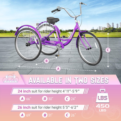 MarKnig Adult Tricycle, 26 Inch 3 Wheel Bikes with Large Basket, Cruiser Bike for Women/Men/Seniors, Adult Trike for Outdoor/Shopping/Recreation/Picnic (Purple)