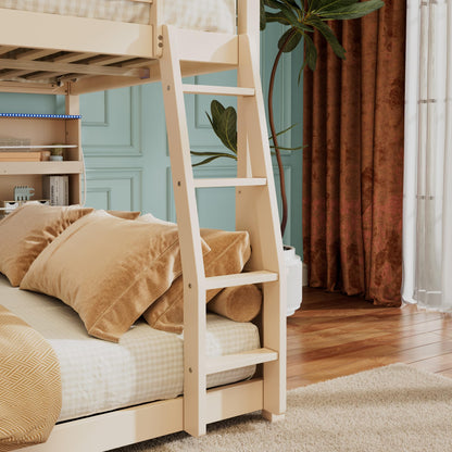 Merax Full XL Over Queen Wood Bunk Bed Frame with Integrated Side Storage Shelves and Anti Falling Rope, Color-Changing Lights, Pegboard, Safe Guardrail and Ladder, for Teens, Adults, Guests (Beige)