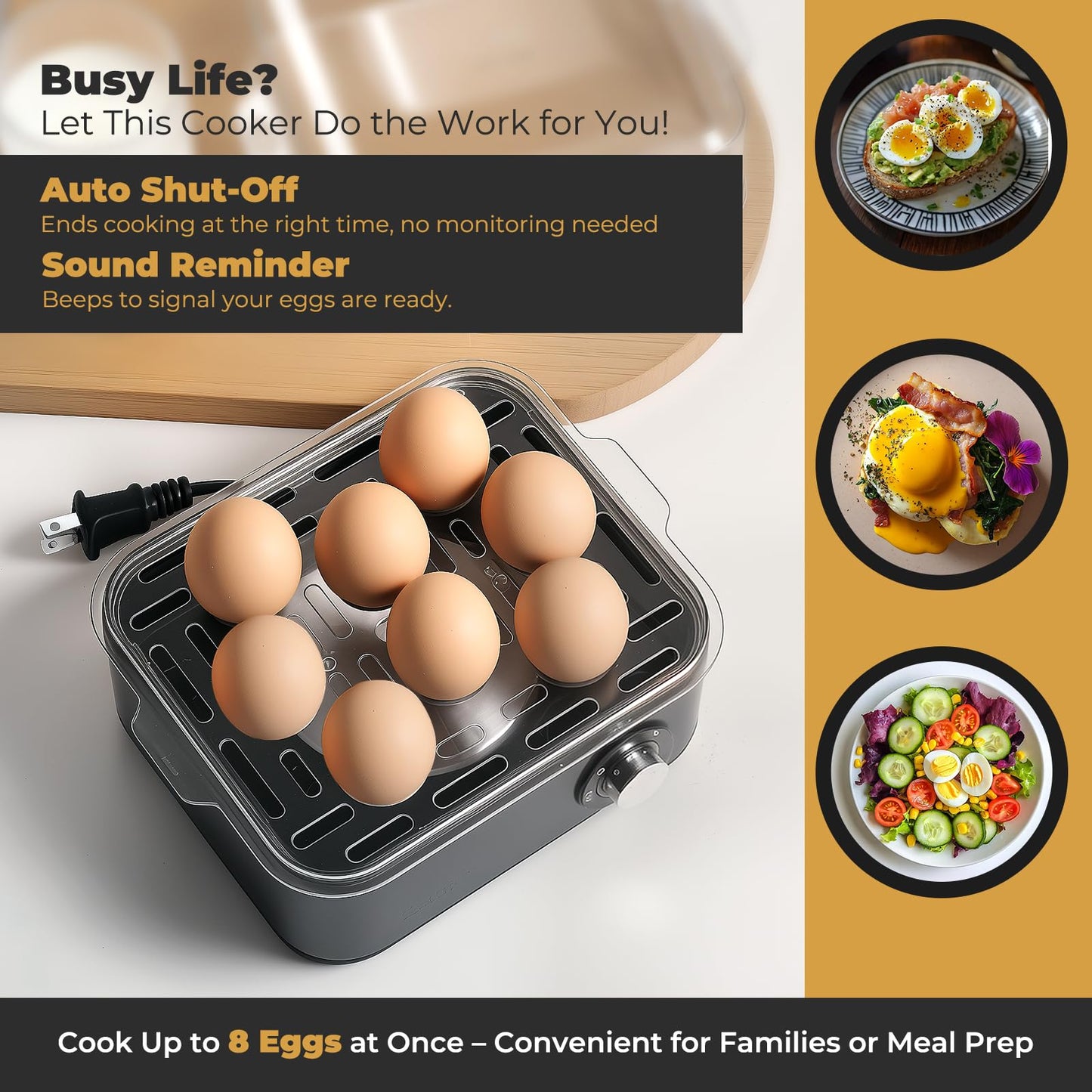 Annie & Mia Design Stainless Steel Electric Rapid Egg Cooker, 8 Egg Capacity 500W, Soft/Medium/Hard Boiled Egg Boiler Poacher Steamer Omelet Maker, Knob Auto Shut-Off, with Recipe Guide Book (Black)