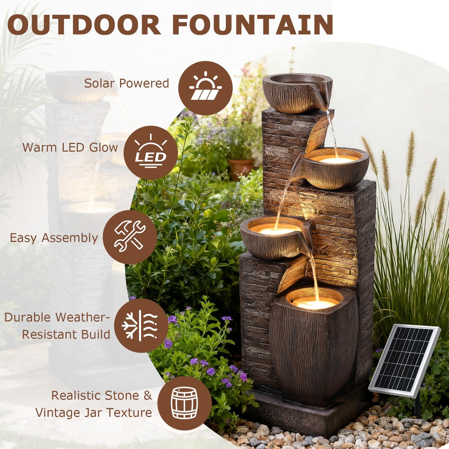 Pivotify 38.2" Tall Solar Powered Water Fountain for Outdoor,4 Tiers Modern Cascading Bowls and Stacked Stones Solar Fountains with LED Lights for Garden, Patio, Deck, Backyard and Home Art Decor