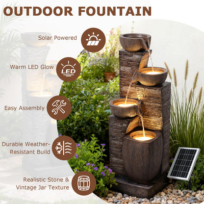 Pivotify 38.2" Tall Solar Powered Water Fountain for Outdoor,4 Tiers Modern Cascading Bowls and Stacked Stones Solar Fountains with LED Lights for Garden, Patio, Deck, Backyard and Home Art Decor
