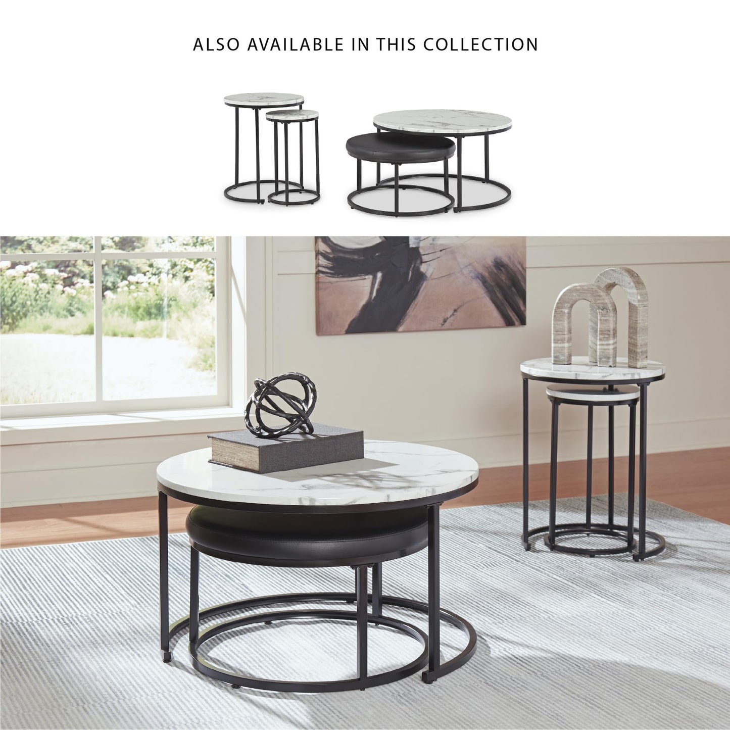 Signature Design by Ashley Jusmour Modern Nesting Table Set with Faux Leather Upholstered Ottoman, Set of 4, Black & White