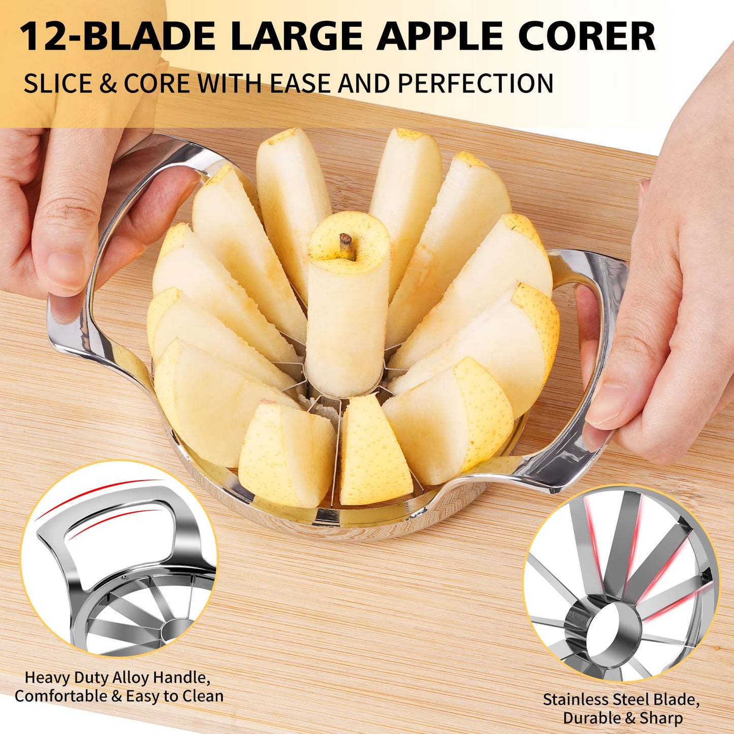 SAVORLIVING 4.72 inches Apple Slicer,12-Blade Extra Large Apple Corer, Heavy Duty Stainless Steel Apple Cutter and Divider with Updated Safe Blade System