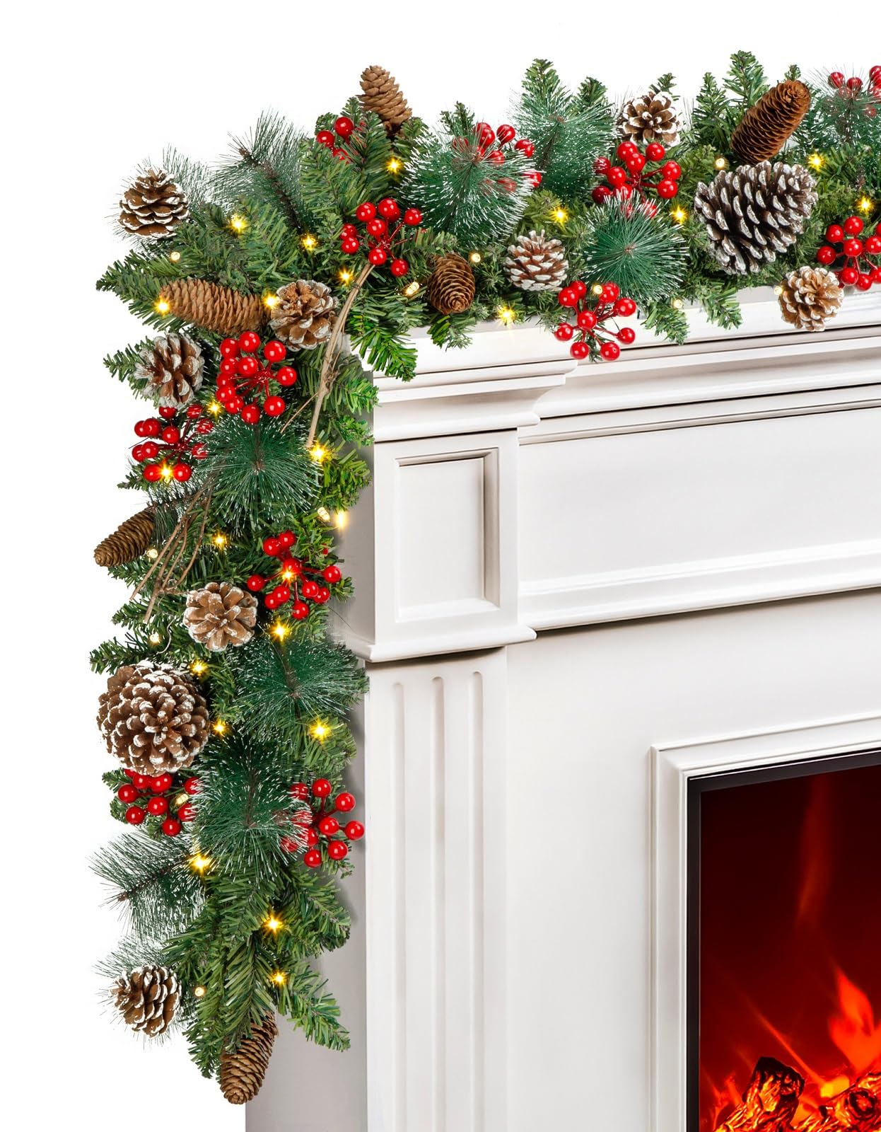 TigeJoy 9FT Luxury Prelit Christmas Garland with Warm White LED Timer Lights, Snow Cedar Garland with Red Berries, Mixed Pinecones, 8 Modes 3AA Battery Operated Xmas Decor for Fireplace Doorway Porch