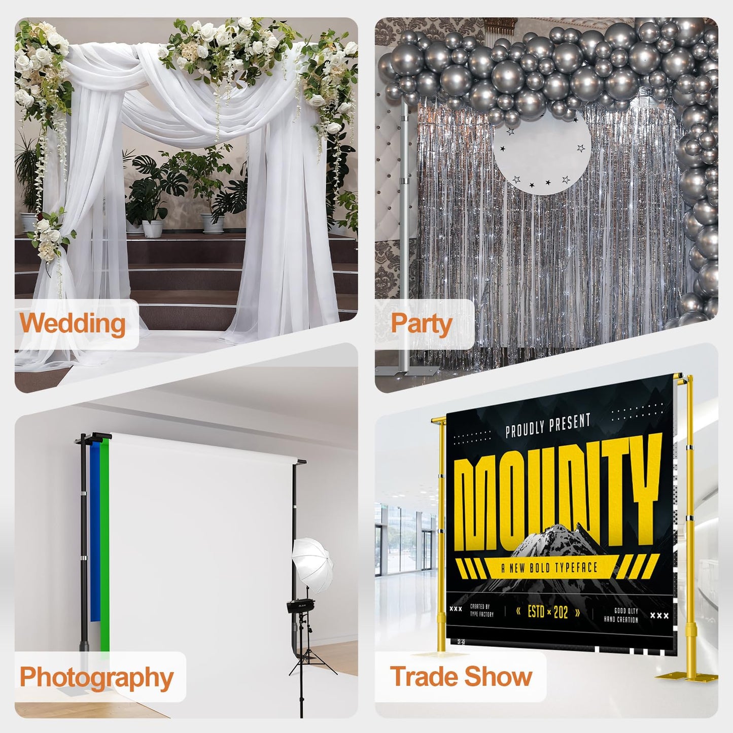 GLOSHOOTING Heavy Duty Backdrop Stand 10x10ft, Three Crossbar Pipe and Drape Backdrop Stand Kit, Adjustable Metal Frame, Background Stand for Wedding Birthday Party Decorations-Black