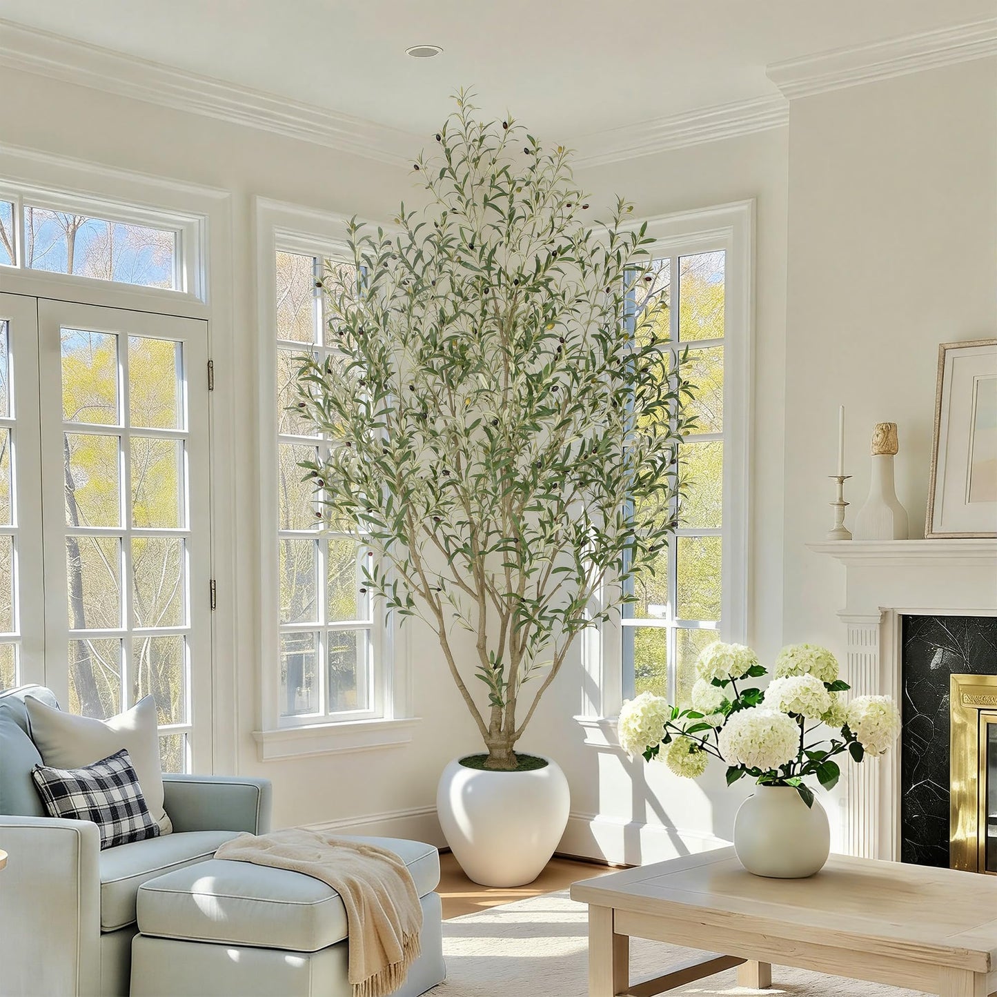 Nafresh 9FT Large Faux Olive Tree with 18.4''Wx16.5''H White Planter & White Spotlight, Olive Trees Artificial Indoor with Multi Branches, Fake Olive Tree for Indoor Outdoor Home Office Decor