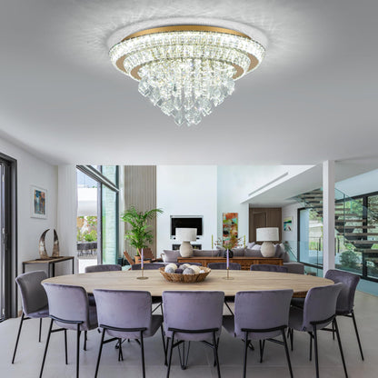 Kuailkag Crystal LED Ceiling Light 24" Modern Flush Mount Chandelier,K9 Crystal Raindrop,Elegant Lighting Fixture with Remote/APP,3CCT,Dimmable Living Room Chandeliers Lights-Golden