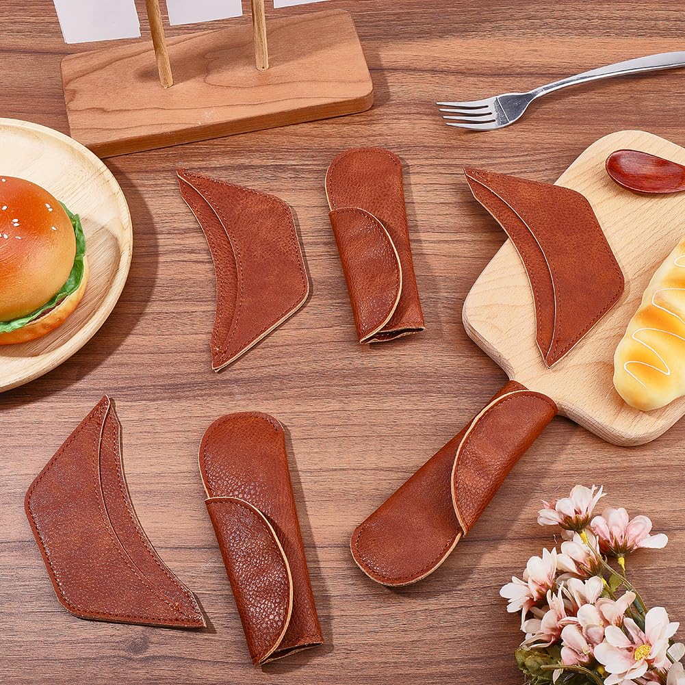 CALFOVERA 6PCS 2 Styles PU Leather Cast Iron Handle Cover Handmade Heat Resistant Frying Pan Assist Grip Sleeve Skillet Handle Cover Leather Hot Holder Sleeve for Kitchen Baking Cooking BBQ Cookwares