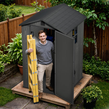 Devoko 4×4 FT Resin Storage Shed with Floor, Plastic Outdoor Garden Shed with Windows and Lockable Doors, Waterproof Outside Tool Sheds for Patio Backyard Lawn, Dark Gray