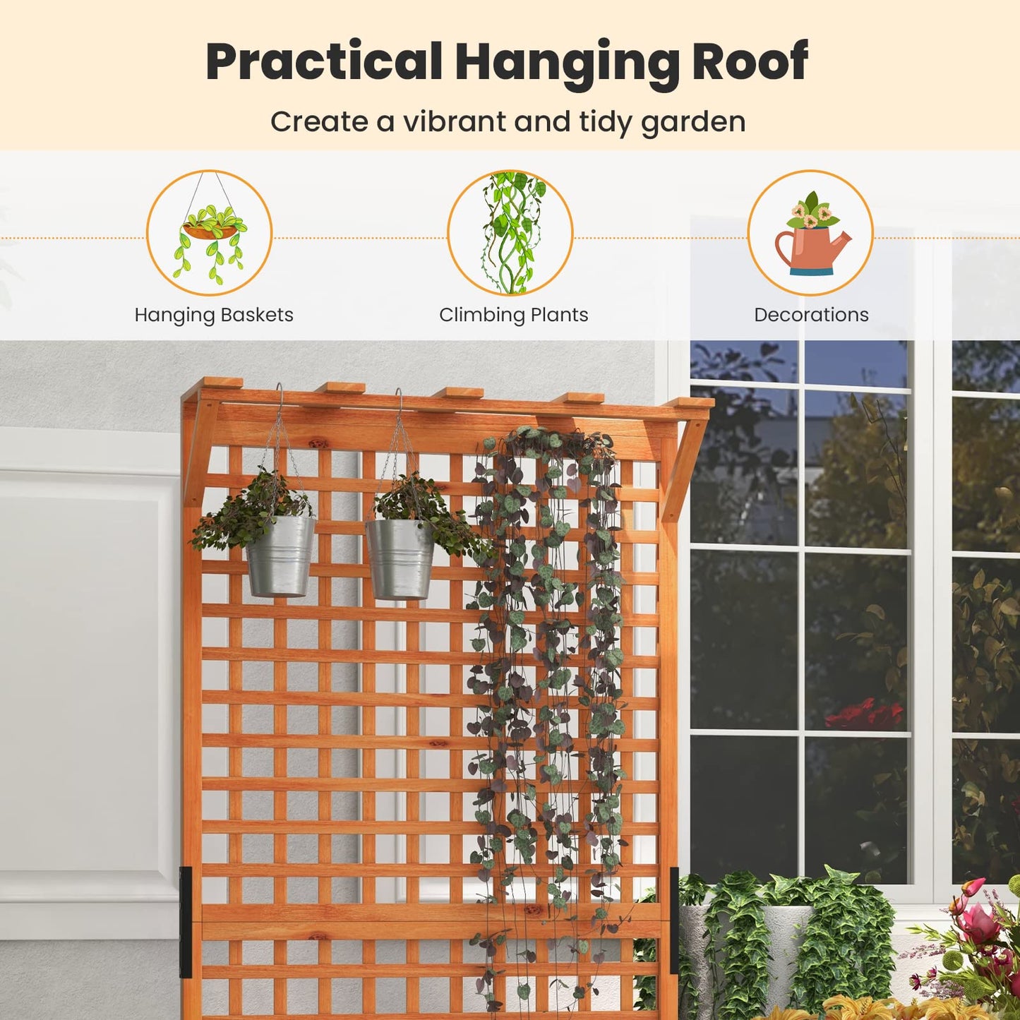 Giantex 2 Pcs Raised Garden Bed with Trellis & Roof, 72.5" Wooden Garden Bed, High Trellis for Plant Flower Climbing Pot Hanging, Indoor & Outdoor Planter Box for Yard, Garden, Balcony
