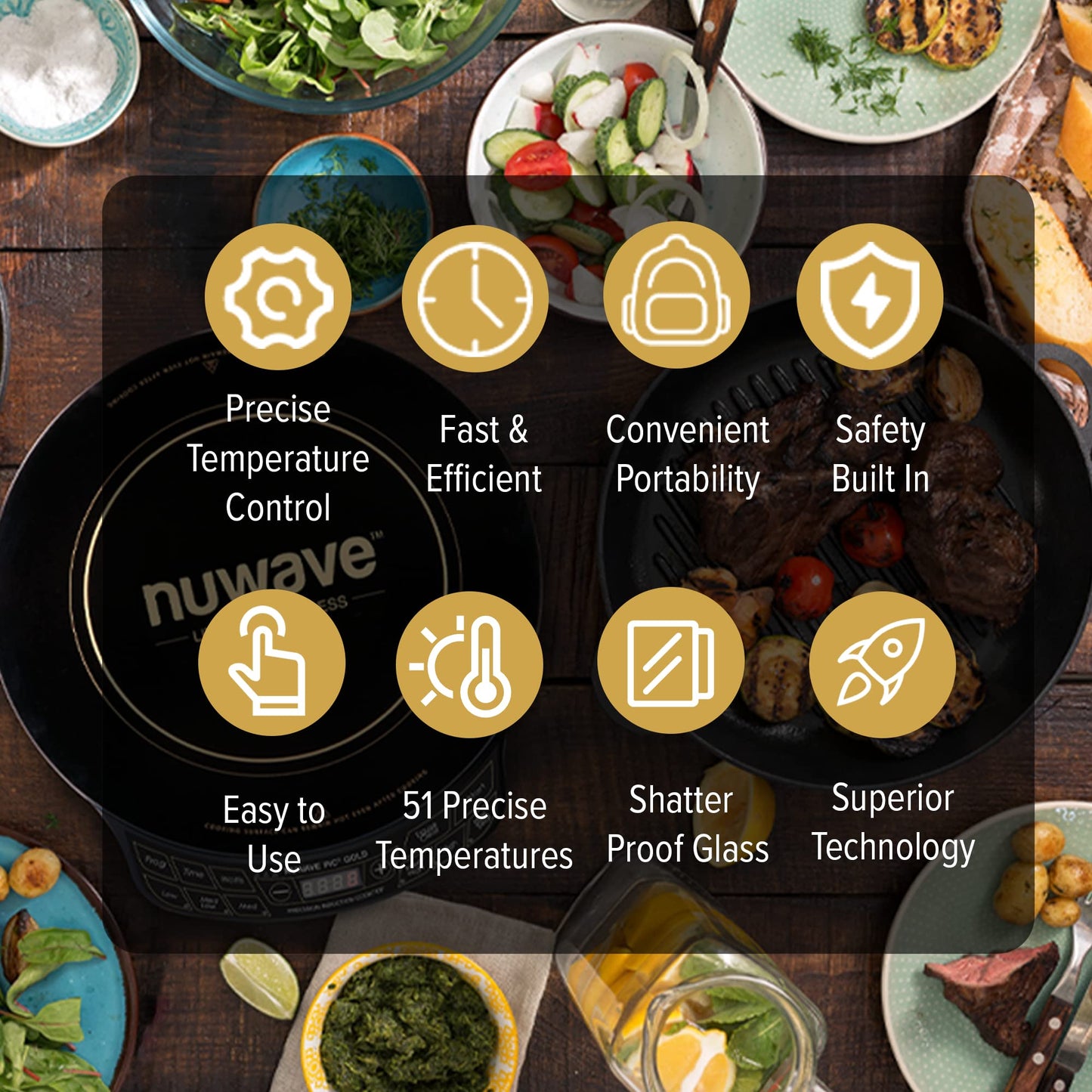 Nuwave Precision Induction Cooktop Gold, 12” Shatter-Resistant Ceramic Glass Surface, Large 8” Heating Coil, Portable, 96 Temp Settings 100°F to 575°F, 3 Wattage Settings 700, 900, and 1500 Watts
