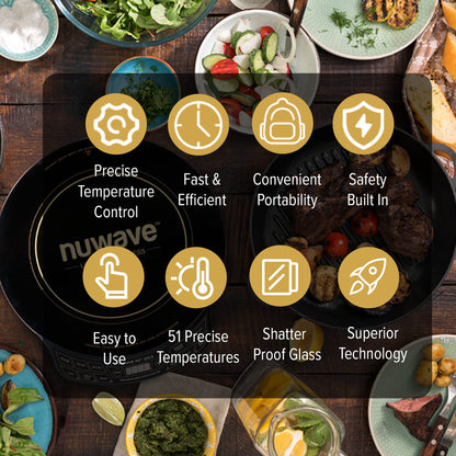 Nuwave Precision Induction Cooktop Gold, 12” Shatter-Resistant Ceramic Glass Surface, Large 8” Heating Coil, Portable, 96 Temp Settings 100°F to 575°F, 3 Wattage Settings 700, 900, and 1500 Watts