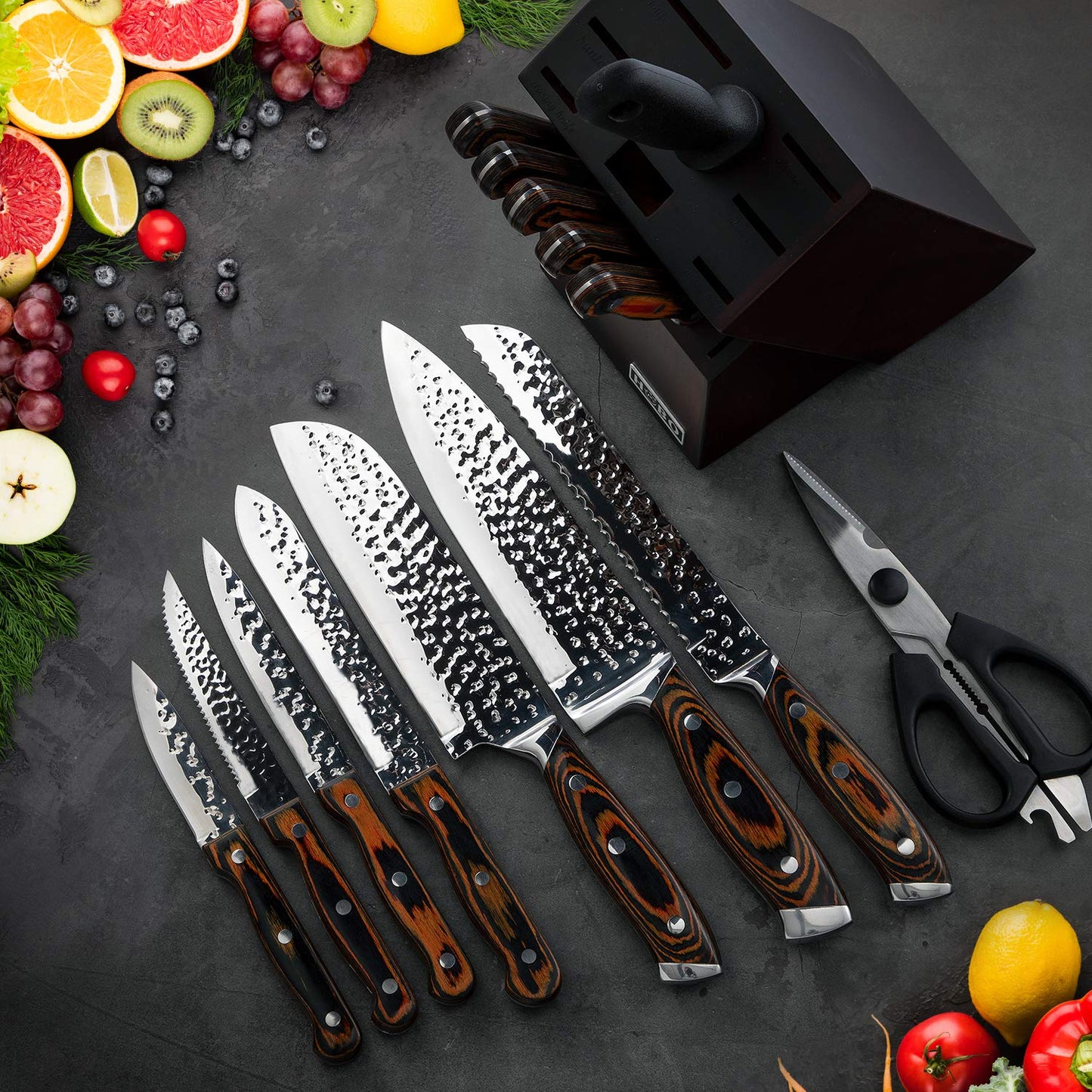 Kitchen Knife Set,15-Piece Knife Set With Block Wooden,Self Sharpening For Chef Knife Set,High Carbon Japan Stainless Steel Hammered Collection Knife Block Set with Steak Knives, Boxed Knife Set