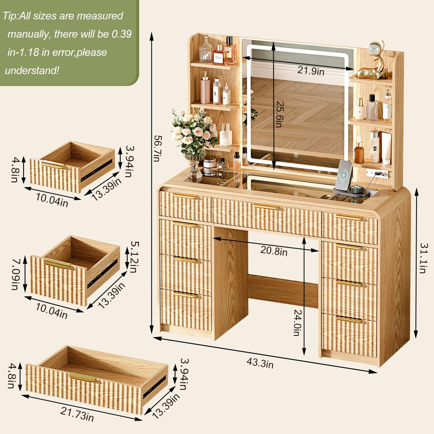 GRUTEUNIT 43" Makeup Vanity Desk with Mirror and Lights&Power Outl, 3 Adjustable Light Color,Glass Top Big Vanity Table with 9 Drawers & 6 Shelves,Girls Vanity for Bedroom, Oak