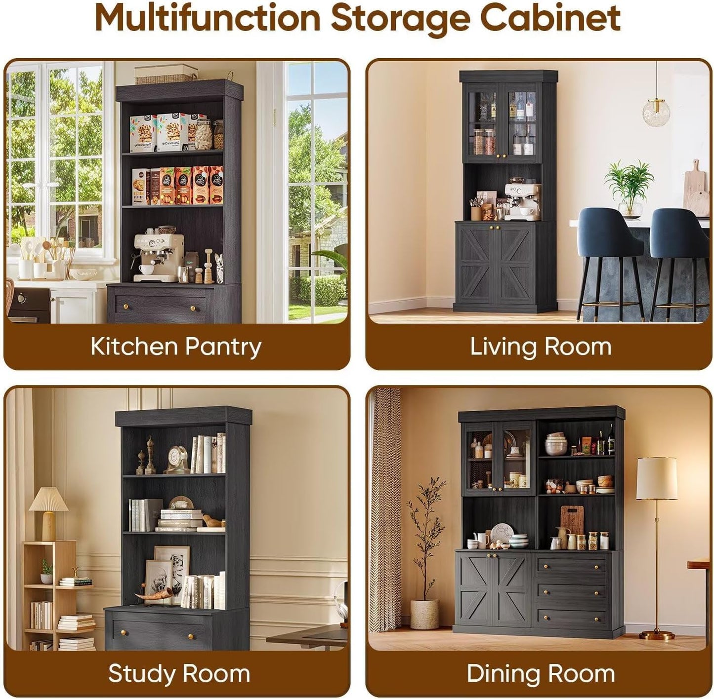 71" Black Farmhouse Kitchen Pantry Cabinet Set of 4— Freestanding Coffee Bar with Glass Doors or Drawers, Microwave Stand, Large Storage Hutch with Adjustable Shelves for Kitchen, Living Room