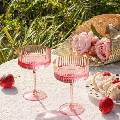 HKSZEH 12 PCS Ribbed Coupe Glasses Pink Plastic Champagne Coupe Cup 10oz Detachable Gold Rim Espresso Martini Glass Vintage Margarita Glassware Cocktail Glass for Wedding Bachelorette Party