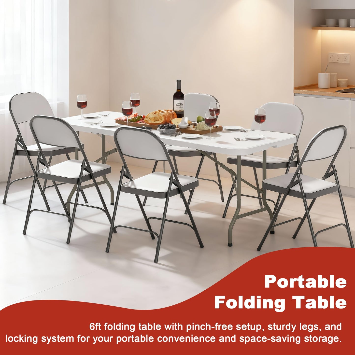 Elevon 6FT Folding Tables – Heavy Duty Portable Foldable Table with Built-in Handle, 300 lb Capacity – Ideal for Events, Parties, Crafts, Camping & Dining (6-Pack)