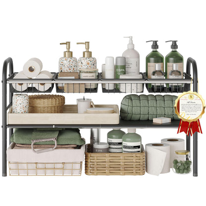 NETEL Under Sink Organizers and Storage, 2 Tier Expandable Under Cabinet Organizer Shelf with 4 Baskets and 4 Panels, Expandable Shelf for Cupboard, Kitchen, Bathroom, Shoe Storage Rack