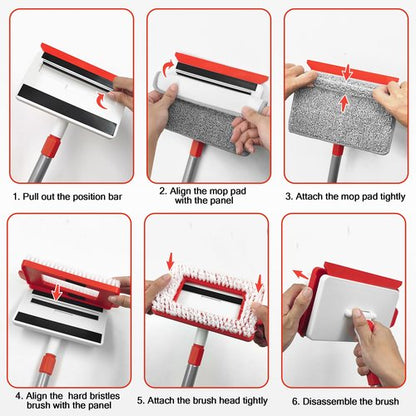 JEHONN Baseboard Cleaner Tool with Handle, 56 inches Base Boards Cleaning Mop Scrubber, 1 Stiff Bristles Brush, 2 Chenille and 2 Microfiber Pads, Wall Duster for Floorboard Ceiling Window Tile