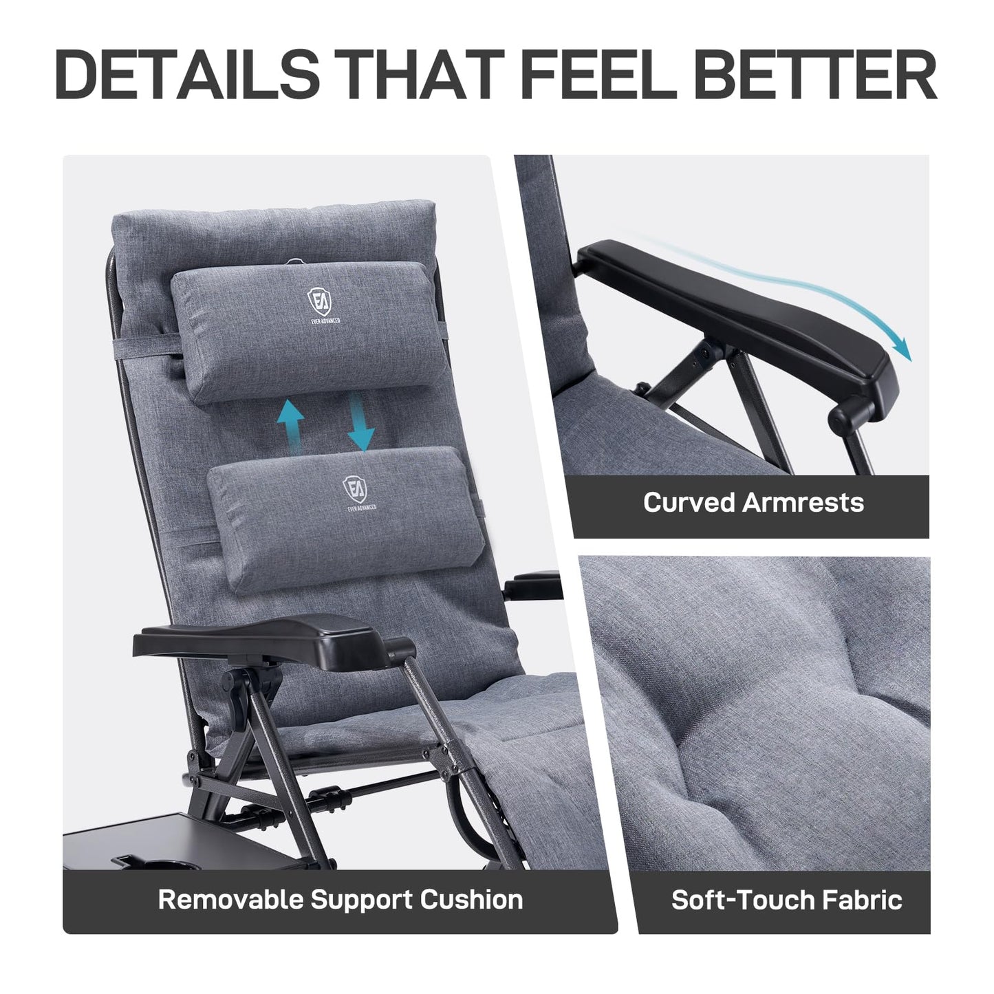 EVER ADVANCED Aluminum Zero Gravity Chair Oversized, Thick Padded Reclining Lounge Chair with Adjustable Headrest & Side Table, Heavy Duty Support 350 lbs, Foldable for Outdoor & Indoor, Gray-2 Pack