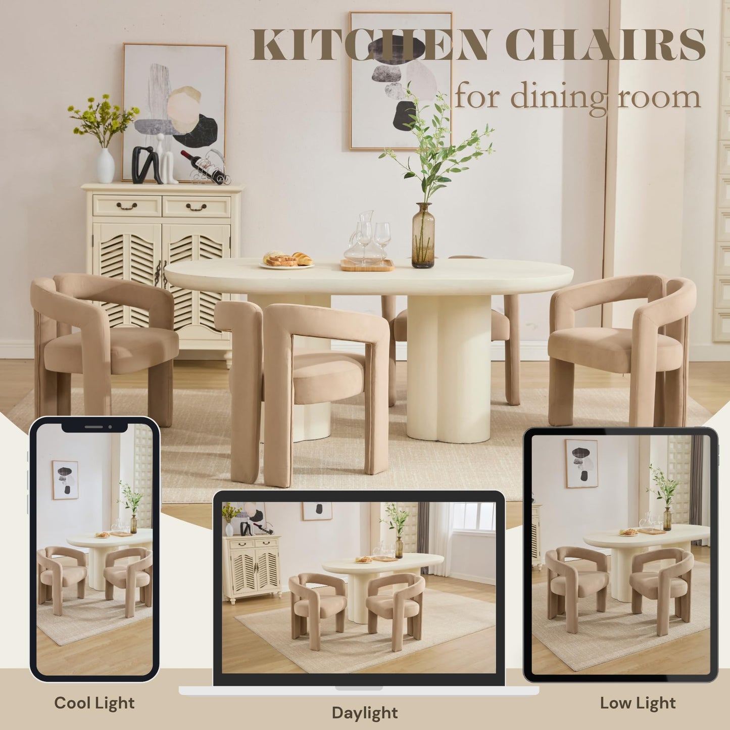 Hyfirm Upholstered Barrel Dining Chairs Set of 6, Khaki Velvet Kitchen Accent Chairs with Arms Modern Side Chairs for Dining Room Bedroom Vanity Reception