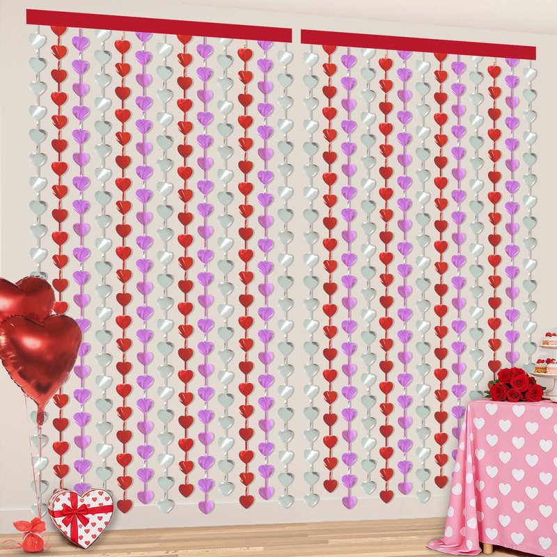 Valentines Decorations, 2 Pack Heart Foil Fringe Curtains 3.3x6.6ft, Red Purple Silver Tinsel Streamer Backdrop, Valentines Photo Backdrop for Party, Galentines, Birthday, Engagement