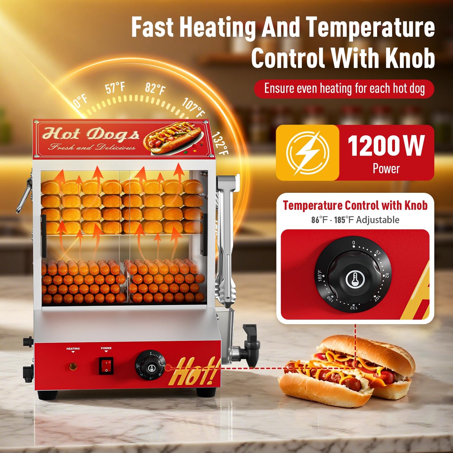 Hot Dog Steamer Machine, 28.5QT/27L, 2-Tier Electric Hot Dog Steamer with Bun Warmer, Adjustable Temperature, Hot Dog Hut Steamer with Visible Glass Sliding Door