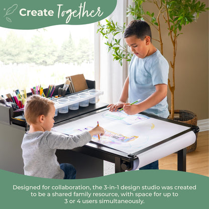 Guidecraft Design Studio – Black: 3-in-1 Kids Art Table & Stool Set, Writing, Crafting, Painting & Drafting Table for Kids with Craft Storage & Bins, Art Easel with Paper Roll, Toddler Activity Desk