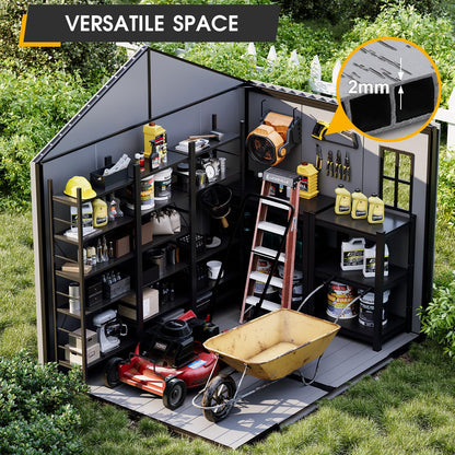MELLCOM 8 x 6 FT Outdoor Storage Tool Shed with Lockable Door and Windows, Outdoor Resin Storage Shed with Floor, Plastic Garden Shed for Lawnmower, Pool Supply, Bike