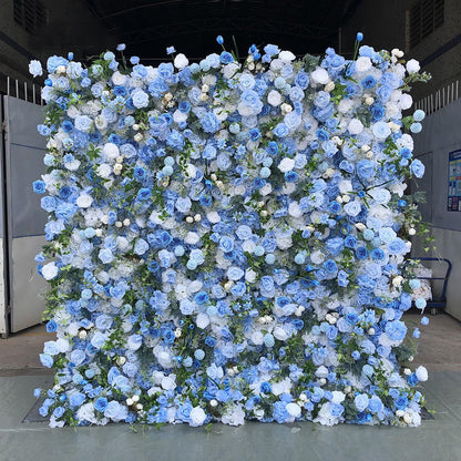 UYCVT Handmade Blue Roses Wall Large Artificial Flower Wall Backdrop Panels, Rose Wedding Backdrop 3D Floral Wall Fabric Flower Wall for Party Baby Shower Bridal Wedding Backgr-1m*1m/3.28 * 3.28FT